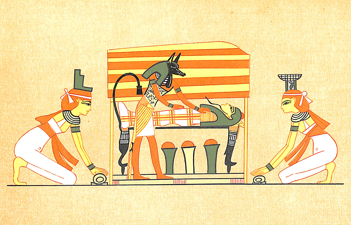 Anubis ministering to Osiris on his Bier, at the head kneels Nephthys, and at the feet, Osiris
