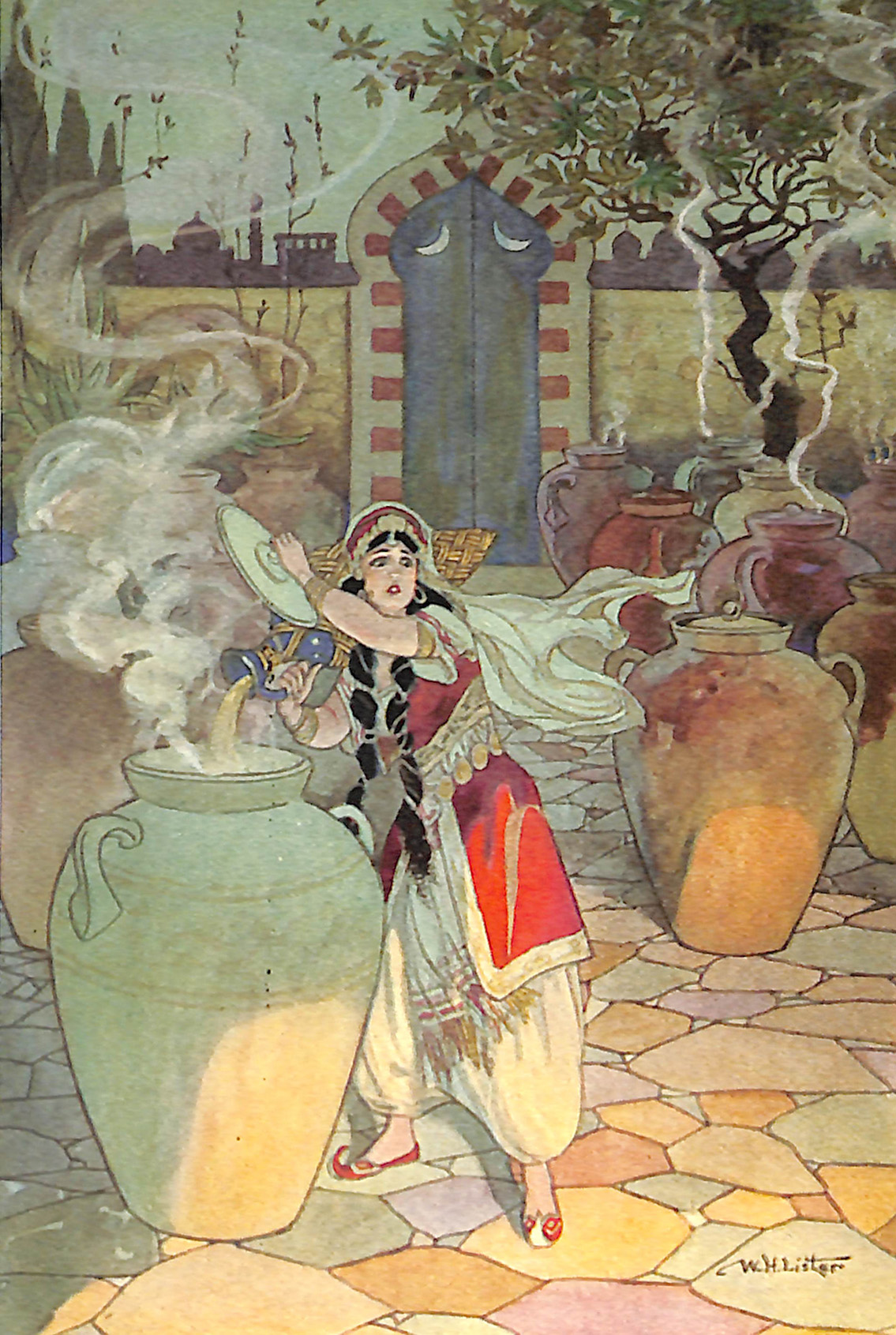 Morgiana pouring the boiling oil over the Thieves
