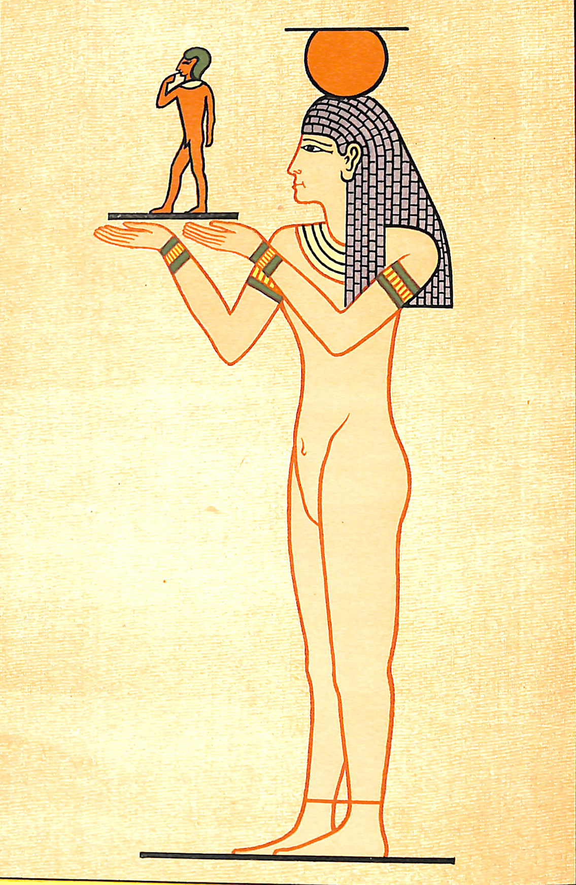 The goddess Nut holding a tablet on which stands Harpocrates